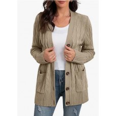 Women's Long Sleeve Loose Knit Cable Open Front Button Down Cardigan Sweater Outerwear Coat with Pockets